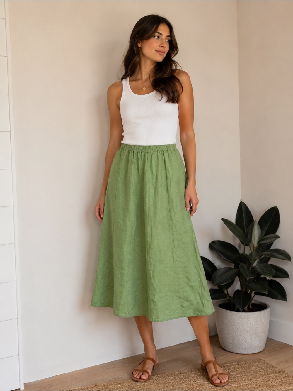FLAX 100% Linen Green Midi Skirt Size Small Elastic Waist Minimalist